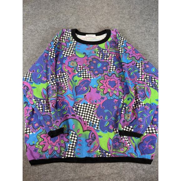 Vintage 90s Forelli Floral Check AOP Crewneck Sweatshirt Men 4XL Multi Boxy Fit - Picture 1 of 4